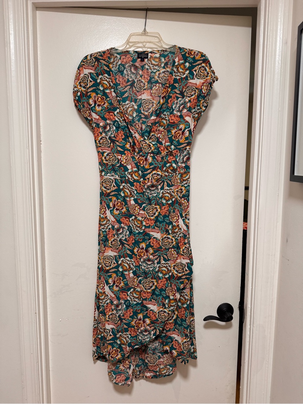 Floral V-Neck Wrap Dress in Teal and Coral